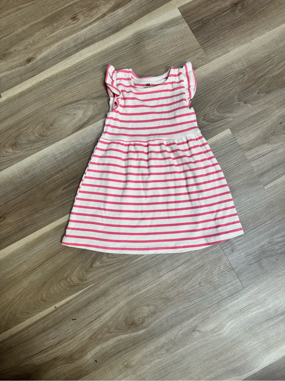 H&M Toddler Pink & White Striped Cotton Dress with Flutter Sleeves